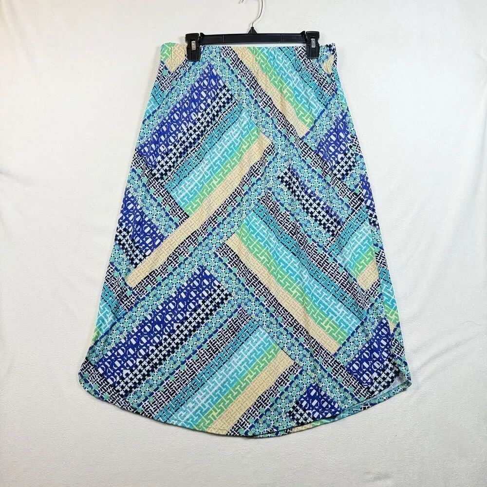 Chico’s Size 2 Pull On Midi Skirt Blue Green Geometric Print Stretch USA